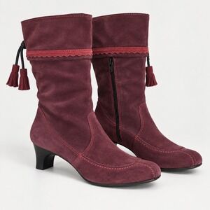 Think! Burgundy Maroon Suede Boots Tassel Side Zip Comfort Sz 37 Italy 5.5- 6 US